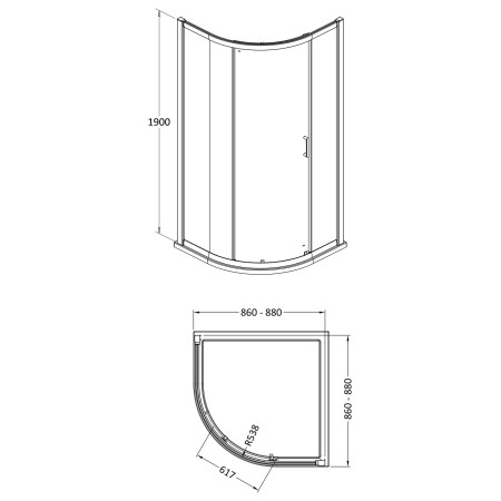 AQU9NE1BB-E8 Nuie Lucie 900mm Single Entry Quadrant Shower Enclosure in Brushed Brass Line Drawing
