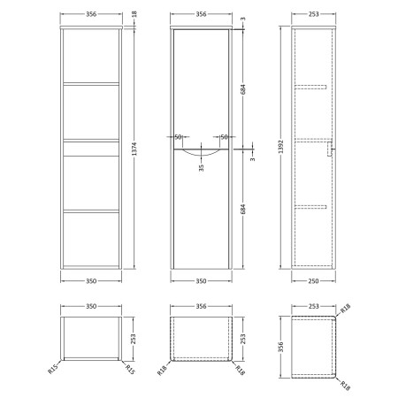 SML262 Nuie Lunar 400mm Satin Grey Wall Hung Tall Unit Line Drawing