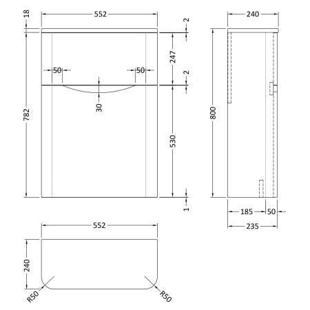 SML1441 Nuie Lunar 550mm Satin Anthracite WC Unit Line Drawing
