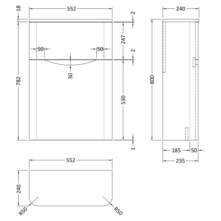 SML341 Nuie Lunar 550mm Satin Blue WC Unit Line Drawing
