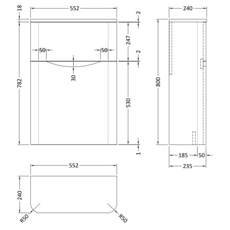 SML241 Nuie Lunar 550mm Satin Grey WC Unit Line Drawing