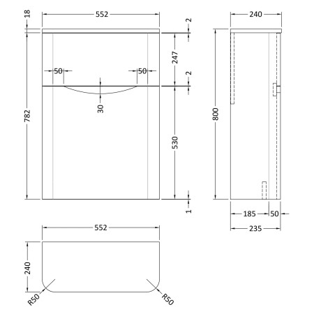 SML141 Nuie Lunar 550mm Satin White WC Unit Line Drawing