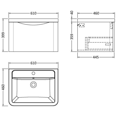 LUN1405 Nuie Lunar 600mm Satin Anthracite One Drawer Wall Hung Vanity Unit with Basin Line Drawing