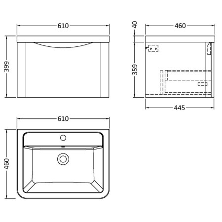 LUN305 Nuie Lunar 600mm Satin Blue One Drawer Wall Hung Vanity Unit with Basin Line Drawing