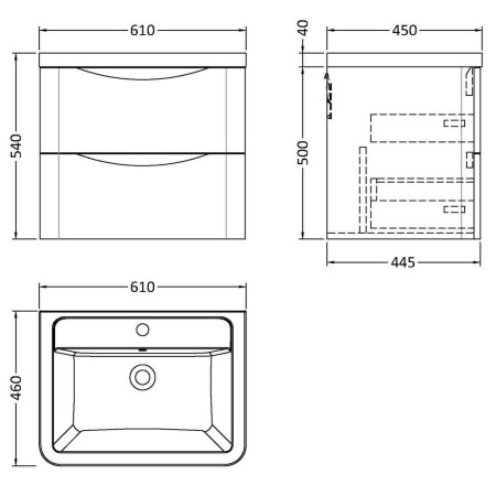 LUN302 Nuie Lunar 600mm Satin Blue Two Drawer Wall Hung Vanity Unit with Basin Line Drawing