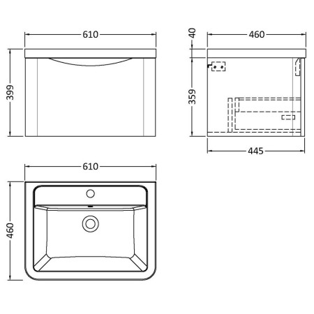 LUN105 Nuie Lunar 600mm Satin White One Drawer Wall Hung Vanity Unit with Basin Line Drawing