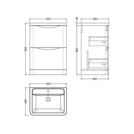 LUN101 Nuie Lunar 600mm Satin White Two Drawer Floorstanding Vanity Unit with Basin Line Drawing
