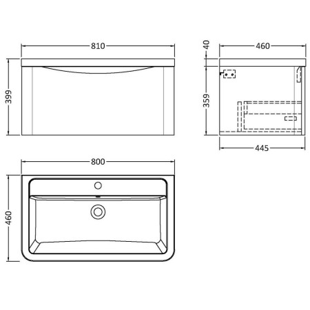 LUN1406 Nuie Lunar 800mm Satin Anthracite One Drawer Wall Hung Vanity Unit with Basin Line Drawing
