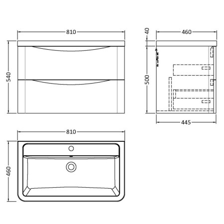 LUN1404 Nuie Lunar 800mm Satin Anthracite Two Drawer Wall Hung Vanity Unit with Basin Line Drawing