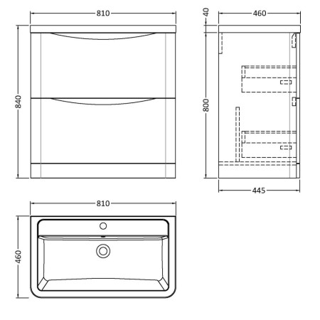 LUN303 Nuie Lunar 800mm Satin Blue Two Drawer Floorstanding Vanity Unit with Basin Line Drawing