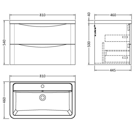 LUN304 Nuie Lunar 800mm Satin Blue Two Drawer Wall Hung Vanity Unit with Basin Line Drawing