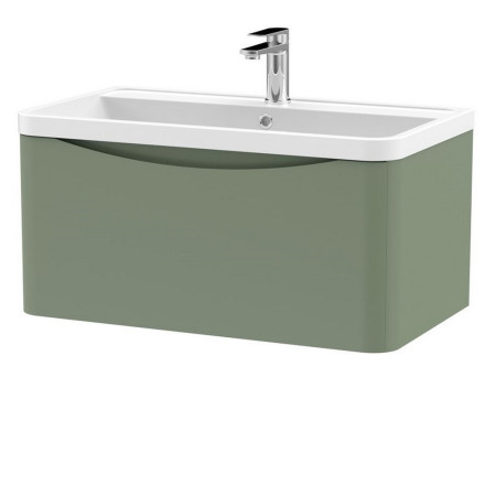 Nuie Lunar 800mm Satin Green One Drawer Wall Hung Vanity Unit with Basin