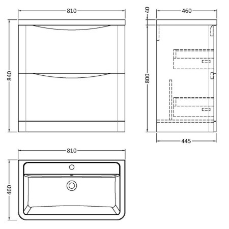 LUN803 Nuie Lunar 800mm Satin Green Two Drawer Floorstanding Vanity Unit with Basin Line Drawing