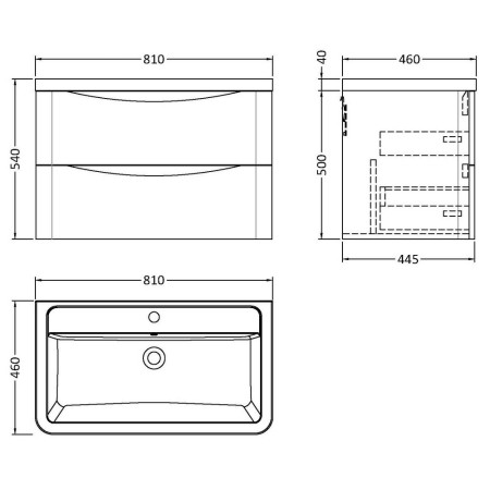 LUN804 Nuie Lunar 800mm Satin Green Two Drawer Wall Hung Vanity Unit with Basin Line Drawing
