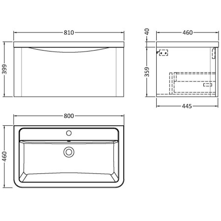 LUN206 Nuie Lunar 800mm Satin Grey One Drawer Wall Hung Vanity Unit with Basin Line Drawing
