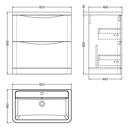 LUN203 Nuie Lunar 800mm Satin Grey Two Drawer Floorstanding Vanity Unit with Basin Line Drawing