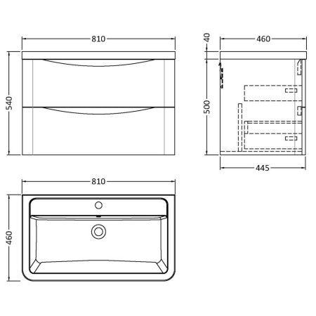 LUN204 Nuie Lunar 800mm Satin Grey Two Drawer Wall Hung Vanity Unit with Basin Line Drawing