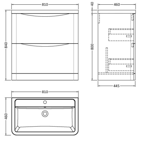 LUN103 Nuie Lunar 800mm Satin White Two Drawer Floorstanding Vanity Unit with Basin Line Drawing