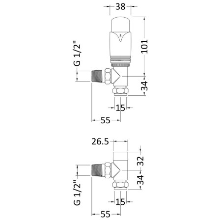 HT315 Nuie Luxury Thermostatic Angled Radiator Valves Pack Line Drawing