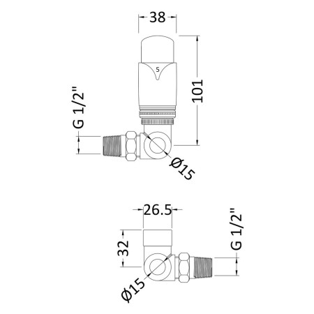 HT317 Nuie Luxury Thermostatic Corner Radiator Valves Pack Line Drawing