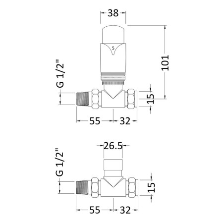 HT316 Nuie Luxury Thermostatic Straight Radiator Valves Pack Line Drawing