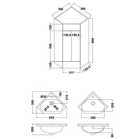 CU001 Nuie Mayford 1 Door Corner Vanity Unit and Basin Line Drawing