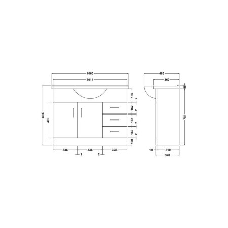 VTY1050 Nuie Mayford 1050mm Floor Standing Vanity Unit with Basin Line Drawing