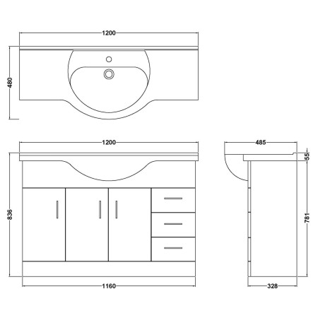 VTY1200 Nuie Mayford 1200mm Floor Standing Vanity Unit with Basin Line Drawing