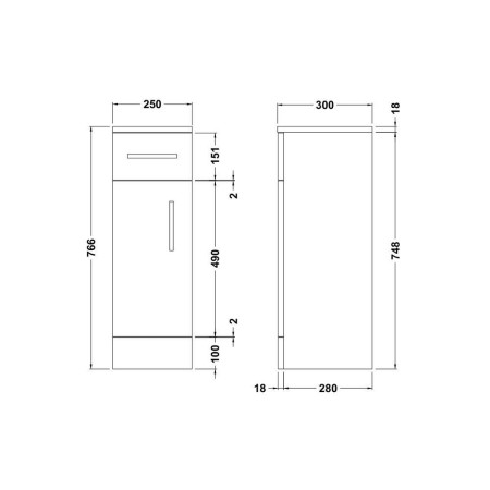 PRC171 Nuie Mayford 250 x 300mm Cupboard Unit Line Drawing