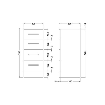 PRC134 Nuie Mayford 300 x 330mm 4 Drawer Storage Unit Line Drawing