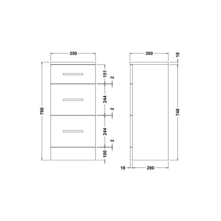 PRC135 Nuie Mayford 350 x 300mm 3 Drawer Storage Unit Line Drawing