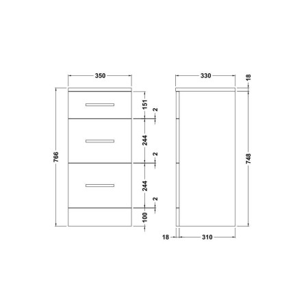 PRC136 Nuie Mayford 350 x 330mm 3 Drawer Storage Unit Line Drawing