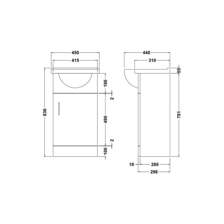 VTY450 Nuie Mayford 450mm Floor Standing Vanity Unit with Round Basin Dimensions