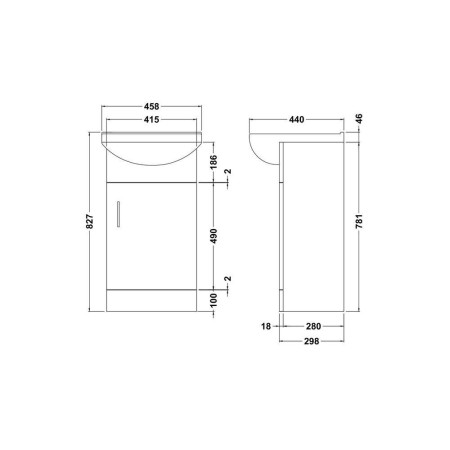 VTM450 Nuie Mayford 450mm Floor Standing Vanity Unit with Square Basin Line Drawing