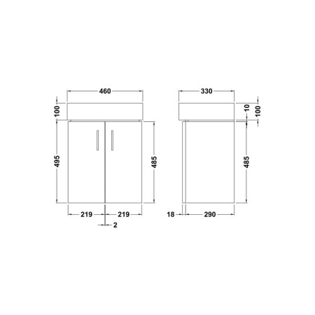 VTWW450 Nuie Mayford 450mm Wall Mounted Cabinet and Basin Line Drawing