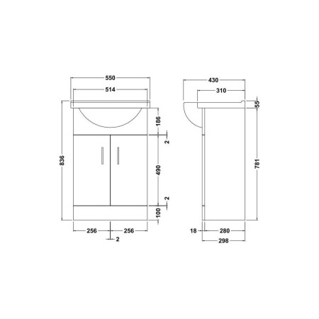 VTY550 Nuie Mayford 550mm Floor Standing Vanity Unit with Round Basin Line Drawing