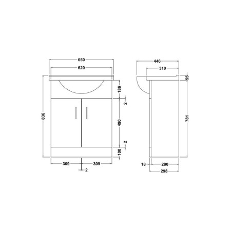 VTY650 Nuie Mayford 650mm Floor Standing Vanity Unit with Round Basin Line Drawing