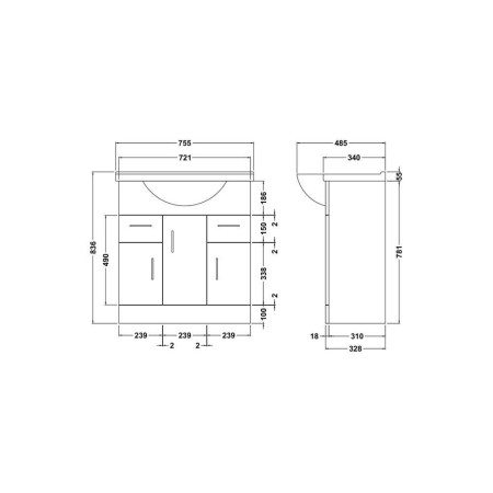 VTY750 Nuie Mayford 750mm Floor Standing Vanity Unit with Basin Line Drawing