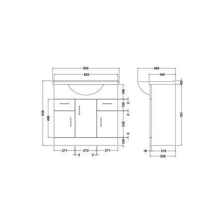 VTY850 Nuie Mayford 850mm Floor Standing Vanity Unit with Basin Line Drawing