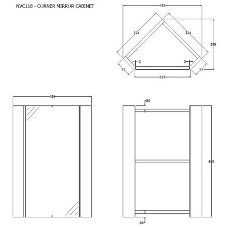 NVC118 Nuie Mayford Cloakroom Corner Mirror Cabinet Line Drawing