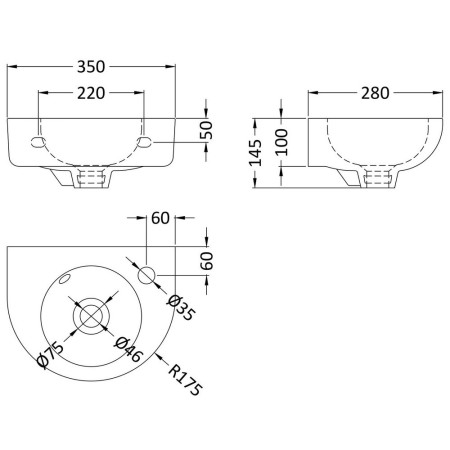 NCU932 Nuie Melbourne 350mm Wall Hung 1TH Basin Line Drawing