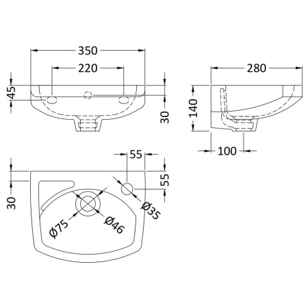 NCU832 Nuie Melbourne 350mm Wall Mounted 1TH Basin Line Drawing