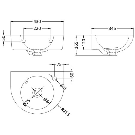 NCU942 Nuie Melbourne 450mm Wall Hung 1TH Basin Line Drawing