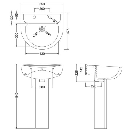 CML003 Nuie Melbourne 550mm 2TH Basin and Pedestal Line Drawing