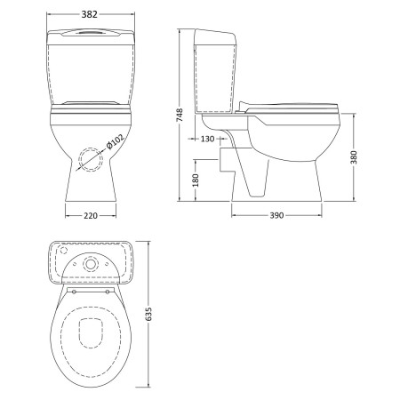 NCS150 Nuie Melbourne Pan Cistern and Seat Line Drawing