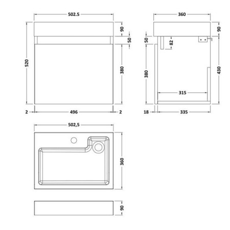 MER004 Nuie Merit 500mm Anthracite Woodgrain Wall Hung Vanity Unit with Basin Line Drawing