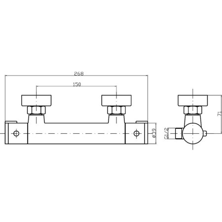 VBS009 Nuie Minimalist Thermostatic Shower Bar Valve in Chrome Line Drawing