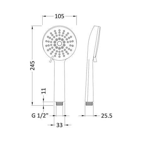 HS002 Nuie Multi Function Water Saving Shower Handset Dimensions