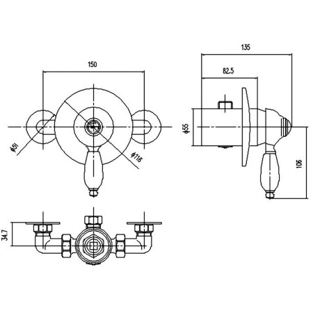 A3201 Nuie Nostalgic Concealed or Exposed Manual Shower Valve Line Drawing