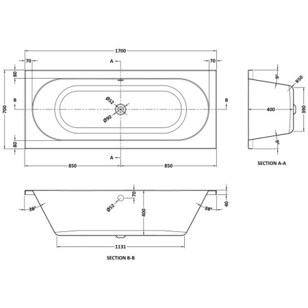 NBA509 Nuie Otley Double Ended 1700 x 700mm Rounded Bath Line Drawing